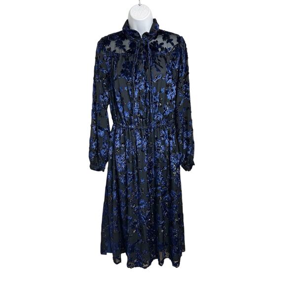 Adam Lippes Collective RTR Velvet Embroidered Black Navy Midi Dress Sz 6 Floral - Picture 6 of 13